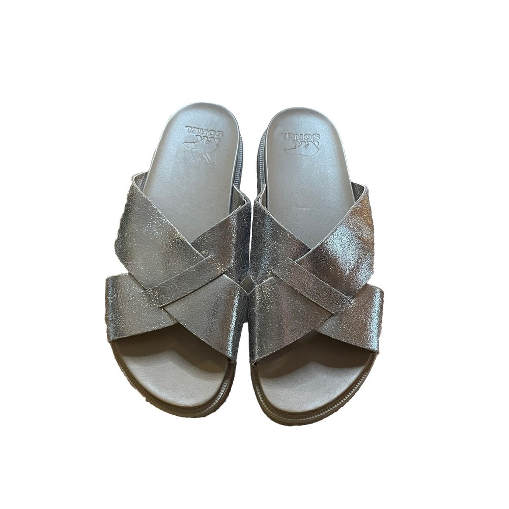 Sorel Roaming Criss Cross Metallic Slides 7 Lug Sole Sandals Champagne EUC - Picture 2 of 5